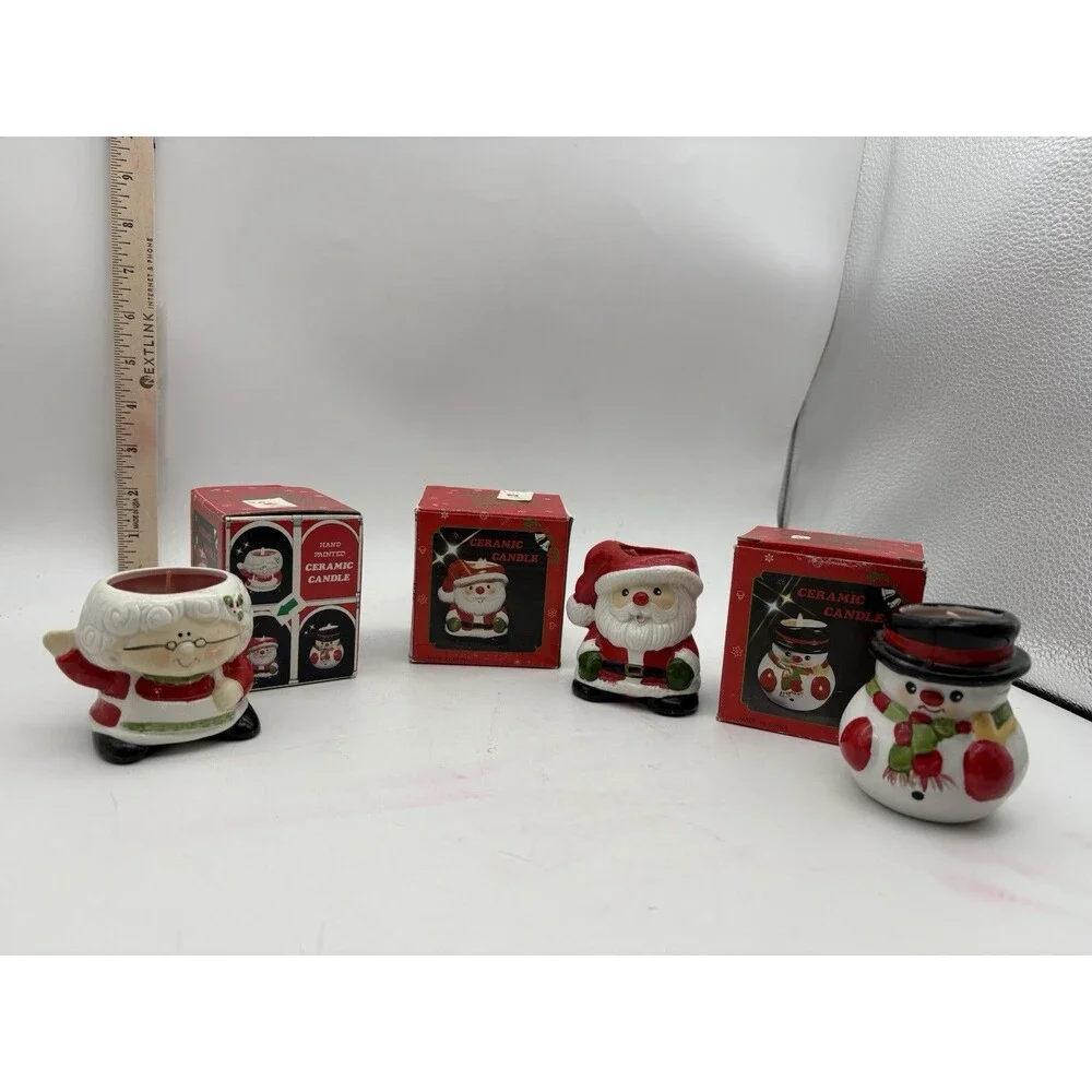 Vintage Hand Painted Ceramic Christmas Candle Set Santa Snowman Mrs Claus Box